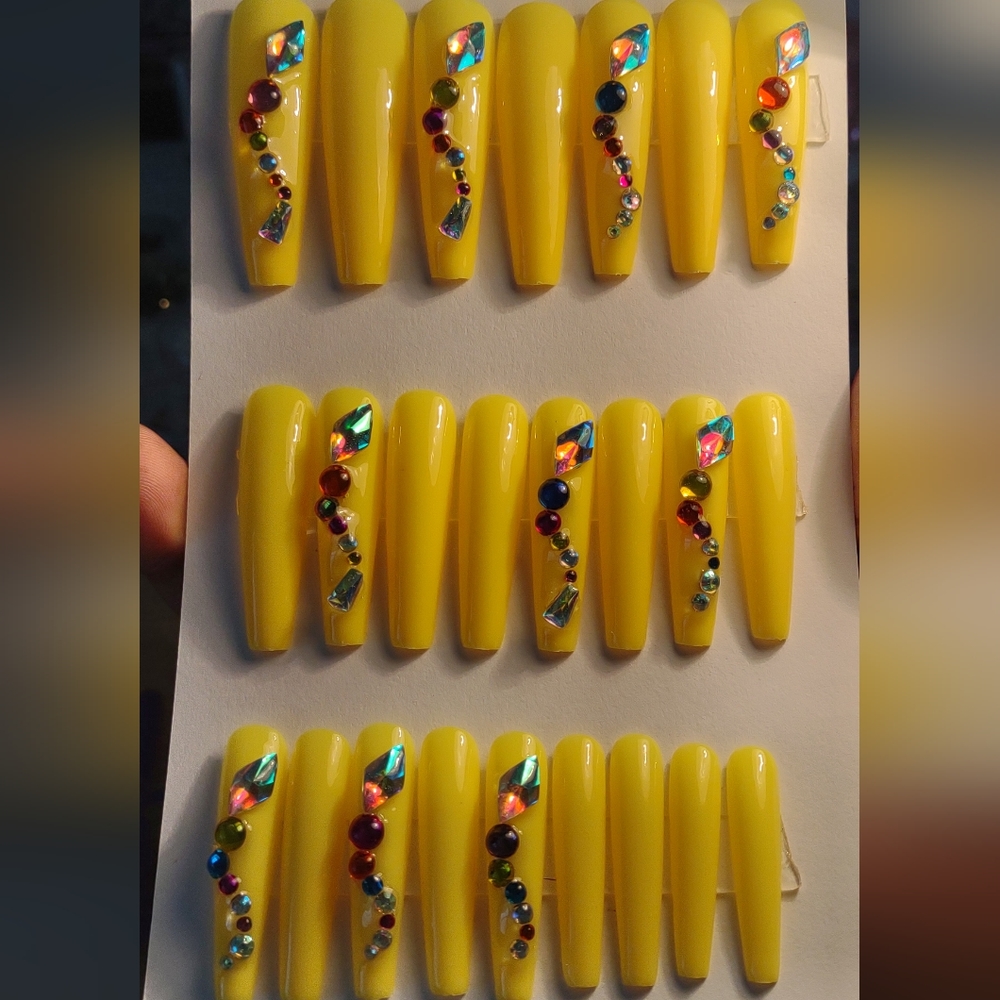 Handmade yellow gel press on nails XL coffin